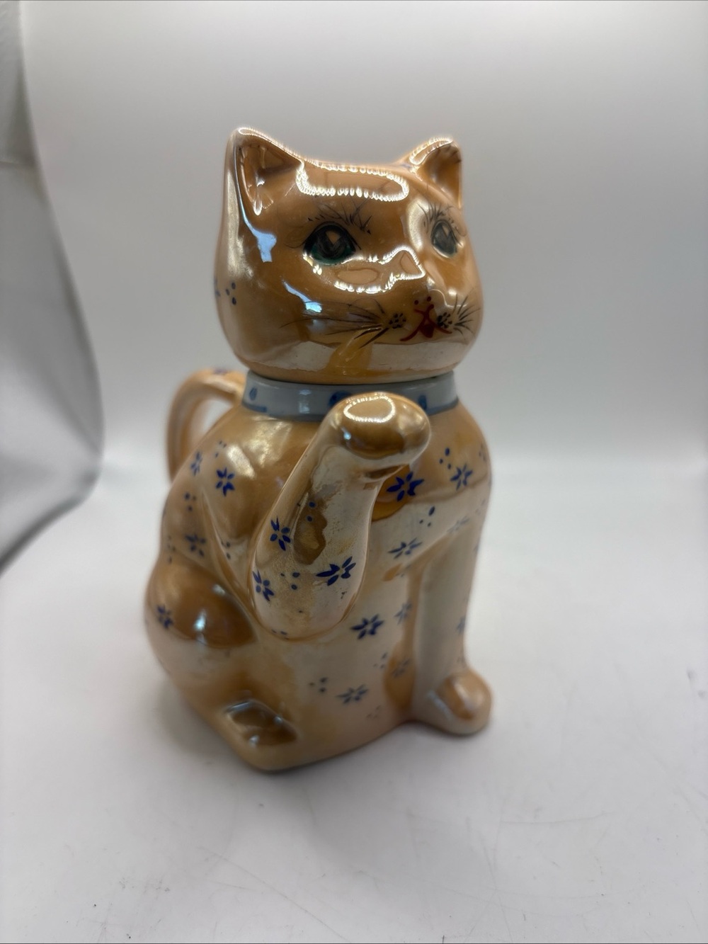 Cat Creamer/ Teapot Light Orange with Blue Flowers Porcelain China Hand Painted